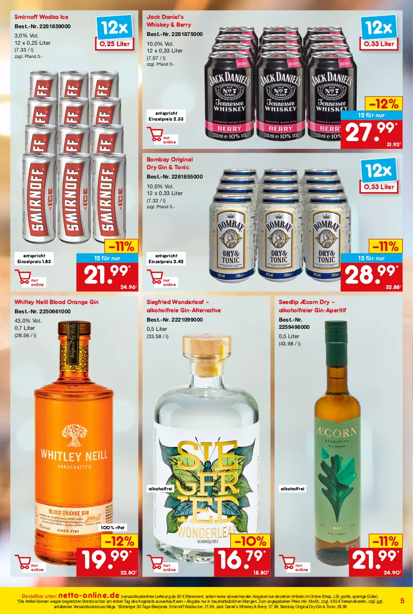 Aktueller Prospekt Netto Marken-Discount - Online-Angebote Juni - von 01.06 bis 30.06.2022 - strona 5 - produkty: alkohol, angebot, aperitif, bestpreis, dry gin, eier, eis, gin, jack daniel, jack daniel's, ndk, orange, reis, smirnoff, Ti, tonic, versandkostenfrei, whiskey, wodka, ZTE