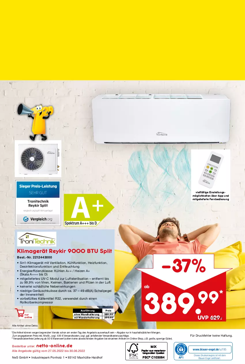 Aktueller Prospekt Netto Marken-Discount - Online-Angebote Juni - von 01.06 bis 30.06.2022 - strona 56 - produkty: angebot, angebote, auer, Desinfektion, drucker, eis, Engel, Holz, kerze, klimagerät, kompressor, ndk, pilze, reis, rwe, Schal, Ti, versandkostenfrei, wandhalterung, ZTE