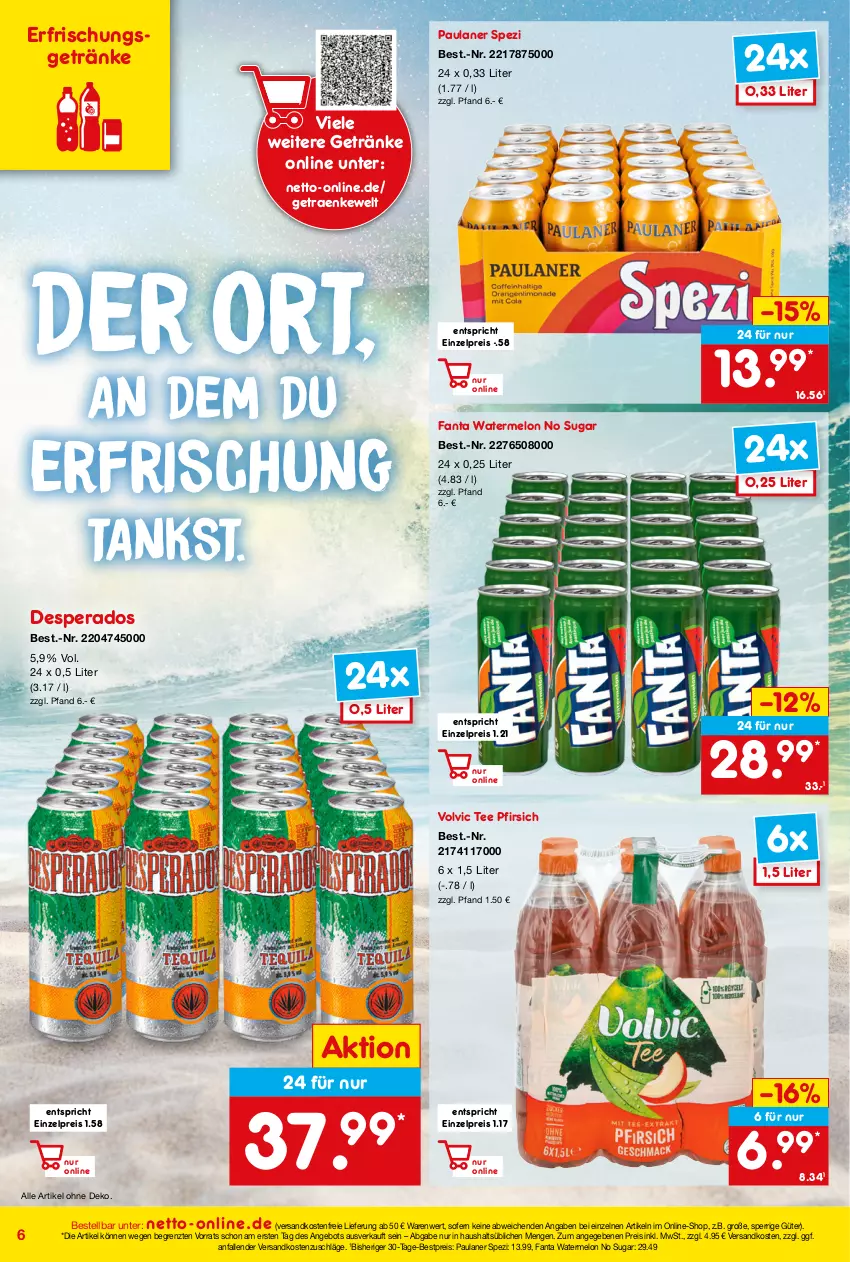 Aktueller Prospekt Netto Marken-Discount - Online-Angebote Juni - von 01.06 bis 30.06.2022 - strona 6 - produkty: angebot, bestpreis, desperados, eis, erfrischungsgetränk, erfrischungsgetränke, fanta, getränk, getränke, ndk, Paula, paulaner, pfirsich, reis, Spezi, tee, Ti, versandkostenfrei, volvic, ZTE