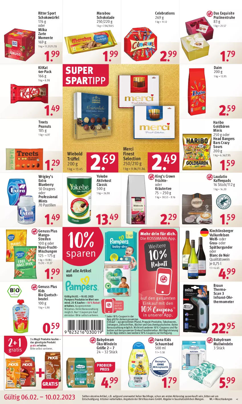 Aktueller Prospekt Rossmann - Prospekte - von 06.02 bis 10.02.2023 - strona 12 - produkty: angebot, angebote, asti, babydream, Bad, Berger, beutel, bier, bio, blueberry, braun, burgunder, coupon, coupons, daim, eis, ente, frucht, früchte, goldbären, gutschein, gutscheine, haribo, isana, kaffee, kaffeepads, kitkat, kräuter, mango, mangos, Marabou, merci, milka, mint, Mullwindel, nuss, oder kräuter, pampers, pralinen, qualitätswein, quetschbeutel, reifen, reis, ritter, ritter sport, sana, schaumbad, schoko, schokolade, schokowürfel, spartipp, spätburgunder, Sport, tee, thermometer, Ti, Tiere, Trüffel, wein, windeln, würfel, Yo, Yokebe