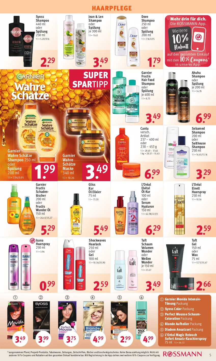 Aktueller Prospekt Rossmann - Prospekte - von 06.02 bis 10.02.2023 - strona 5 - produkty: arla, coupon, coupons, diadem, dove, elle, elnett, elvital, fructis, garnier, gliss, gliss kur, gutschein, gutscheine, Haarlack, haarpflege, haarspray, hyaluron, Intensivtönung, isana, lack, Maske, mousse, rum, sana, sebamed, Serum, shampoo, shampoo 250 ml, shampoo oder spülung, spartipp, spülung, spülung 200 ml, syoss, Taft, Ti, uhu, vita, Wahre Schätze, Yo