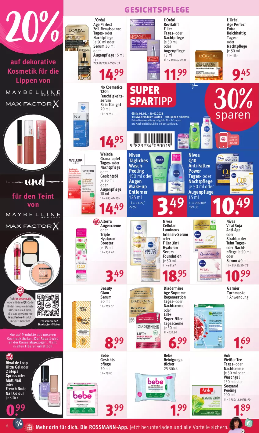 Aktueller Prospekt Rossmann - Prospekte - von 06.02 bis 10.02.2023 - strona 6 - produkty: alterra, apfel, Augenpflege, Bebe, coupon, creme, Diadermine, garnier, Gesichtsöl, gesichtspflege, grana, granatapfel, HP, hyaluron, kosmetik, Make-up, Maske, Max Factor, nachtcreme, nachtpflege, nivea, Peeling, Q10, Rana, Reinigung, reinigungstücher, Revital, revitalift, rum, Serum, soja, spartipp, tagescreme, tee, Ti, Tiere, tuc, tücher, tuchmaske, vita, waschgel, weleda