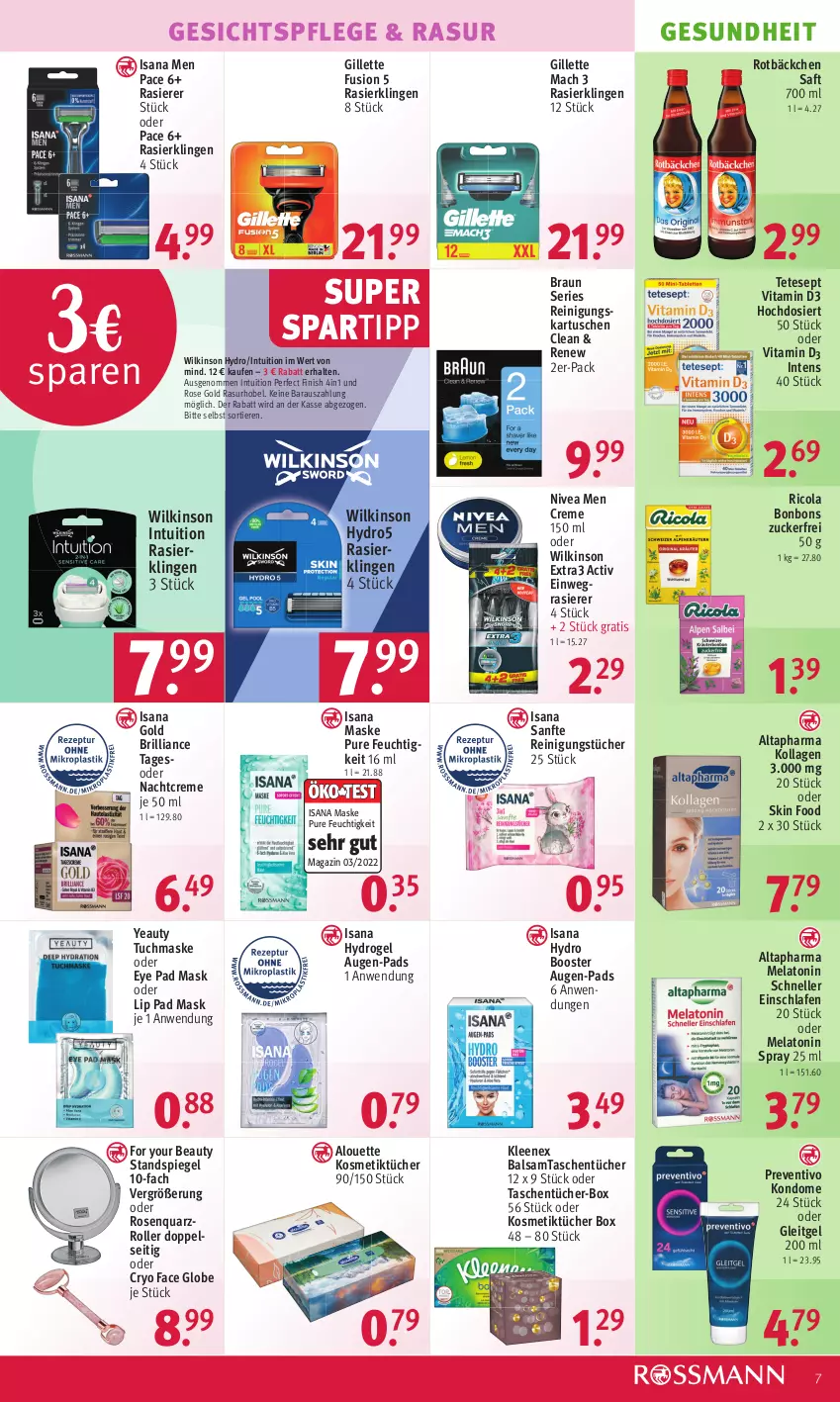 Aktueller Prospekt Rossmann - Prospekte - von 06.02 bis 10.02.2023 - strona 7 - produkty: alouette, Altapharma, balsam, bonbons, braun, cola, creme, einwegrasierer, elle, Finish, For Your Beauty, gesichtspflege, Gesundheit, gillette, isana, Kollagen, Kondome, kosmetik, Kosmetiktücher, mac, magazin, Maske, nachtcreme, nivea, Nivea Men, rasierer, Rasierklinge, rasierklingen, Reinigung, reinigungstücher, Ricola, Roller, rosen, saft, sana, spartipp, spiegel, Standspiegel, Tasche, taschen, taschentücher, Ti, Tiere, tuc, tücher, tuchmaske, vita, Vitamin D, wilkinson, Yo, zucker