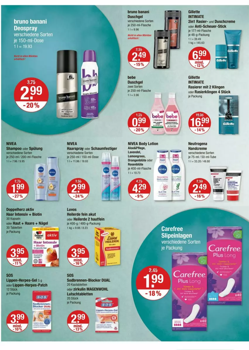 Aktueller Prospekt Vmarkt - Prospekte - von 22.02 bis 28.02.2024 - strona 10 - produkty: Bebe, bio, Blüte, body, body lotion, bruno banani, creme, doppelherz, dusche, duschgel, erde, flasche, gillette, haarspray, handcreme, Heu, lavendel, Lotion, neutrogena, nivea, oder schaumfestiger, orange, orangen, rasierer, Rasierklinge, rasierklingen, rosen, schaumfestiger, Schere, shampoo, shampoo oder spülung, spülung, tablet, tablett, Tablette, Ti