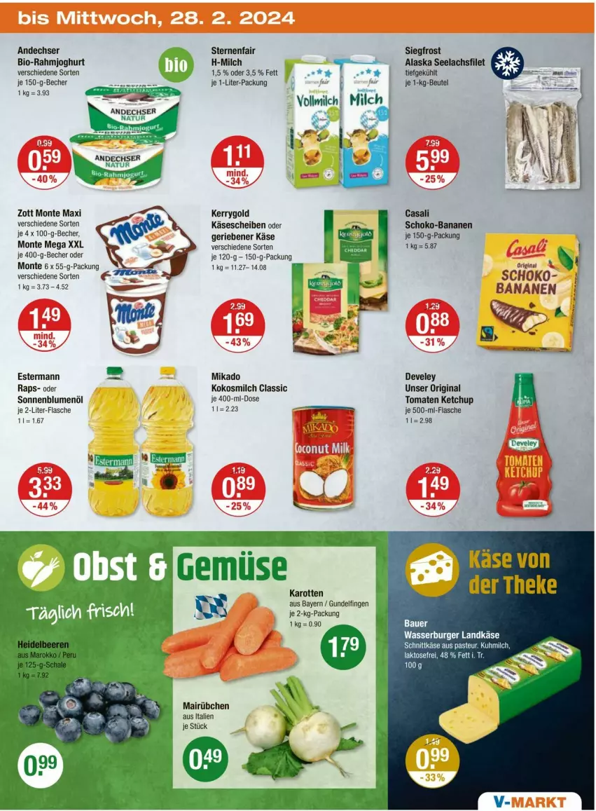 Aktueller Prospekt Vmarkt - Prospekte - von 22.02 bis 28.02.2024 - strona 19 - produkty: andechser natur, auer, banane, bananen, Bau, Bauer, Becher, beutel, bio, blume, blumen, blumenöl, burger, Casali, develey, filet, flasche, gin, joghur, joghurt, karotten, Käse, käsescheiben, kerrygold, ketchup, kokos, kokosmilch, lachs, lachsfilet, landkäse, mikado, milch, monte, natur, ndk, rahmjoghurt, schnittkäse, schoko, seelachsfilet, sonnenblume, sonnenblumen, sonnenblumenöl, Ti, tomate, tomaten, tomaten ketchup, wasser, zott, Zott Monte