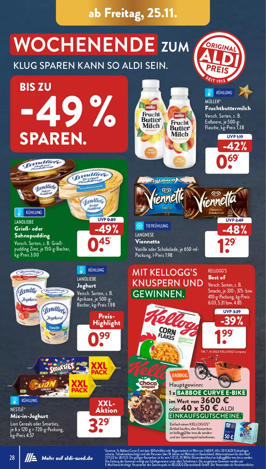 Aktueller Prospekt AldiSud - NÄCHSTE WOCHE - von 21.11 bis 26.11.2022 - strona 34 - produkty: akku, aldi, aprikose, Becher, beere, butter, buttermilch, cereals, E-Bike, eis, erdbeere, erde, flasche, frucht, gewinnspiel, gutschein, gutscheine, joghur, joghurt, landliebe, landliebe joghurt, langnese, LG, lion, mac, milch, Müller, nestlé, pudding, reis, sahne, schoko, schokolade, Smacks, smarties, Ti, uhr, vanille, viennetta