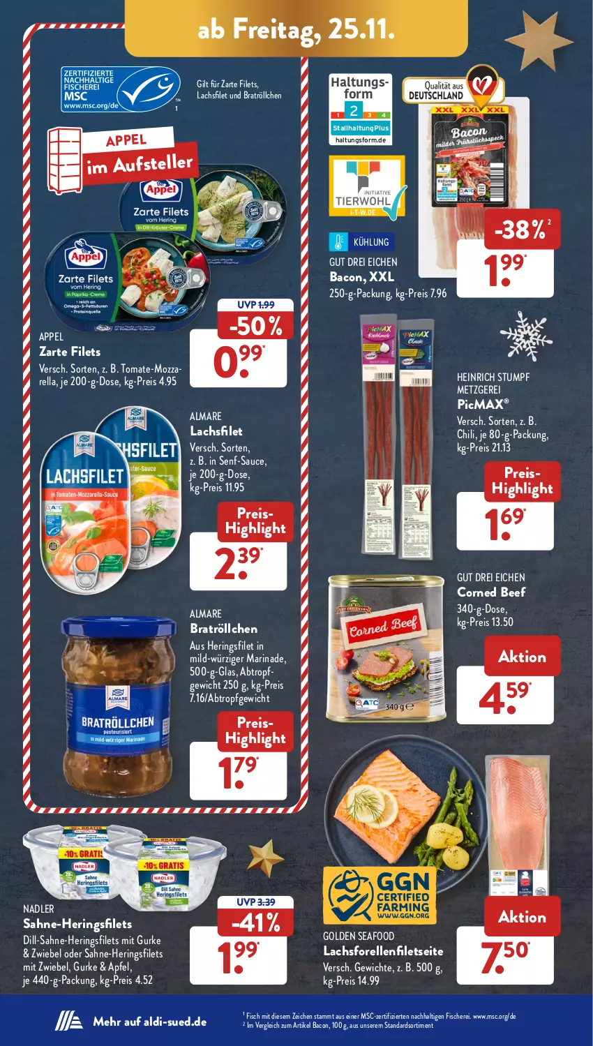 Aktueller Prospekt AldiSud - NÄCHSTE WOCHE - von 21.11 bis 26.11.2022 - strona 38 - produkty: aldi, almare, apfel, bacon, beef, chili, corned beef, eis, elle, filet, filets, fisch, fische, Fischer, forelle, gurke, hering, Herings, heringsfilets, lachs, lachsfilet, marinade, mozzarella, nadler, reis, rel, ring, sahne, sauce, Schere, senf, teller, Ti, tomate, zwiebel