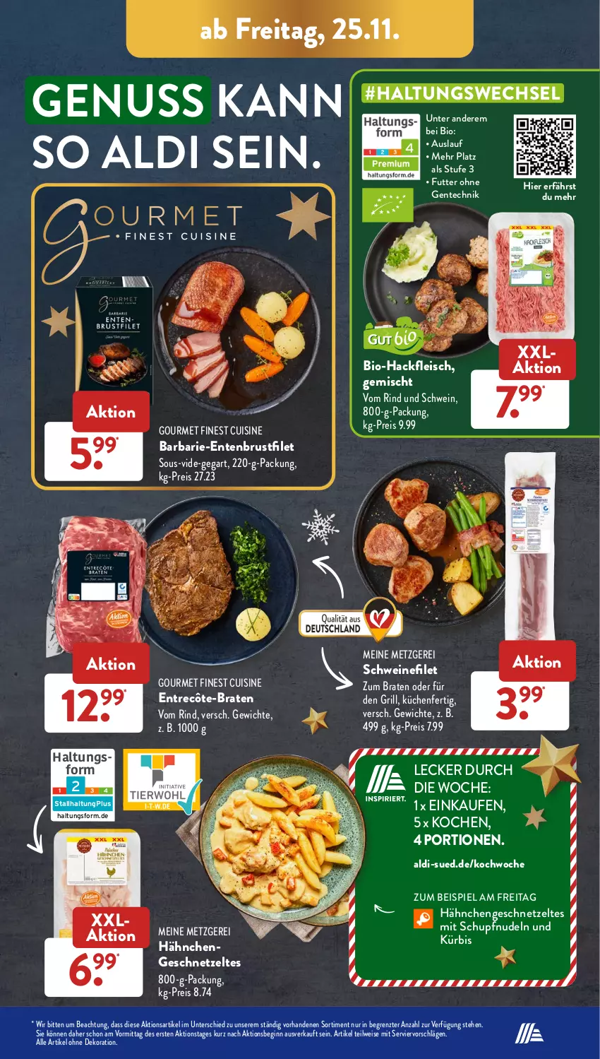 Aktueller Prospekt AldiSud - NÄCHSTE WOCHE - von 21.11 bis 26.11.2022 - strona 39 - produkty: aldi, alle artikel ohne dekoration, bio, Bio-Hackfleisch, braten, brustfilet, dekoration, eis, ente, Entenbrust, entrecôte, filet, fleisch, geschnetzeltes, gin, grill, gsw, hackfleisch, Hähnchengeschnetzeltes, küche, Küchen, Kürbis, nudel, nudeln, nuss, reis, rind, schwein, schweine, schweinefilet, Ti, wein, weine, Zelt, ZTE