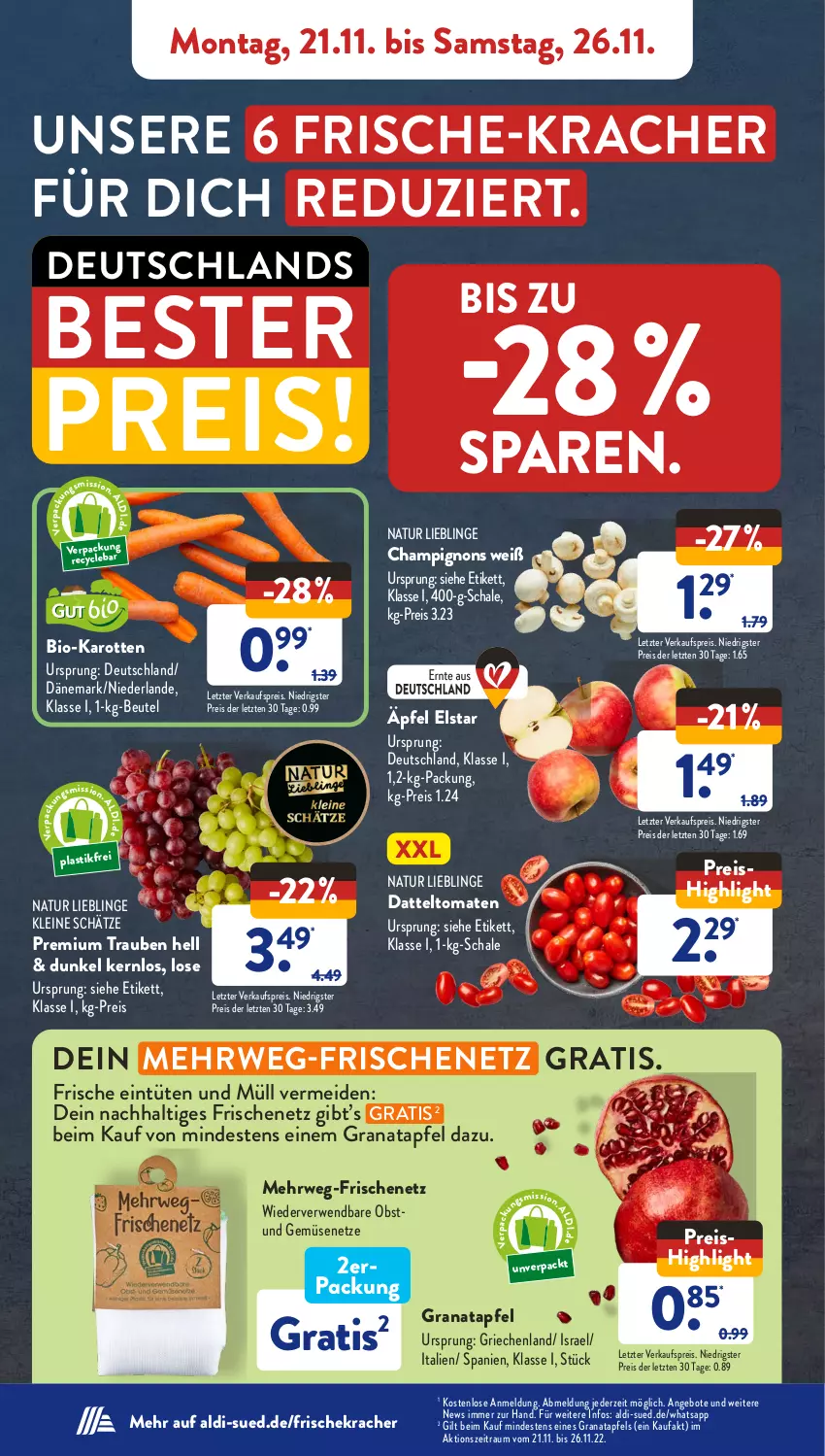 Aktueller Prospekt AldiSud - NÄCHSTE WOCHE - von 21.11 bis 26.11.2022 - strona 4 - produkty: aldi, angebot, angebote, apfel, asti, beutel, bio, bio-karotten, champignon, champignons, datteltomaten, eis, grana, granatapfel, karotten, kracher, leine, natur, obst, Rana, reis, rwe, Schal, Schale, Ti, tomate, tomaten, trauben, Tüte, und gemüse, ZTE