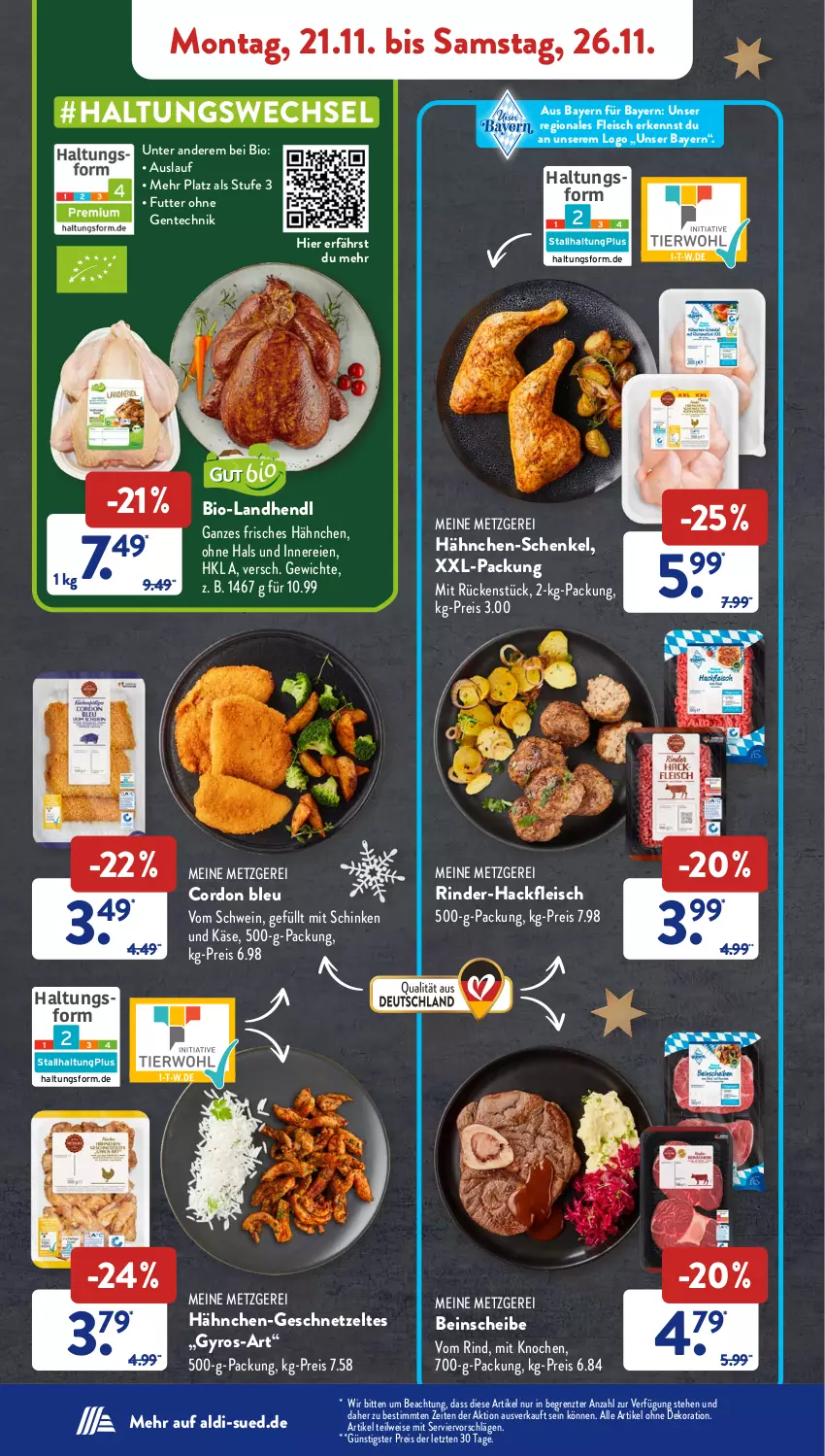 Aktueller Prospekt AldiSud - NÄCHSTE WOCHE - von 21.11 bis 26.11.2022 - strona 6 - produkty: aldi, alle artikel ohne dekoration, bio, cordon bleu, dekoration, eis, ente, fleisch, geschnetzeltes, gsw, gyros, hackfleisch, hähnchen-schenkel, Hendl, henkel, Käse, reis, rind, rinder, rinder-hackfleisch, schenkel, schinken, schwein, Ti, wein, xxl-packung, Zelt, ZTE