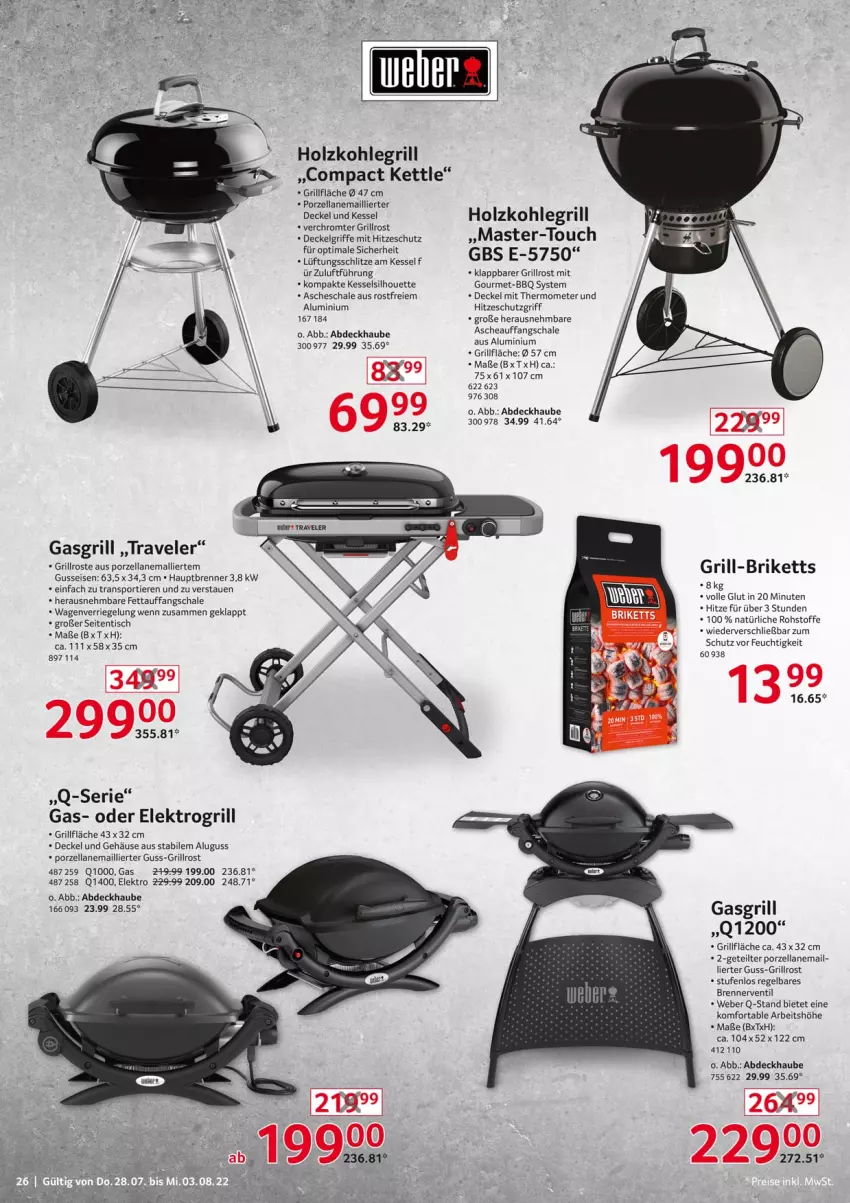 Aktueller Prospekt Selgros - Nonfood - von 28.07 bis 03.08.2022 - strona 26 - produkty: abdeckhaube, briketts, decke, Deckel, eis, Elektro, gasgrill, grill, grillfläche, grillrost, Holz, holzkohle, holzkohlegrill, Kohlegrill, LG, mit thermometer, Q10, riegel, Schal, Schale, Sport, thermometer, Ti, Tiere, tisch, weber