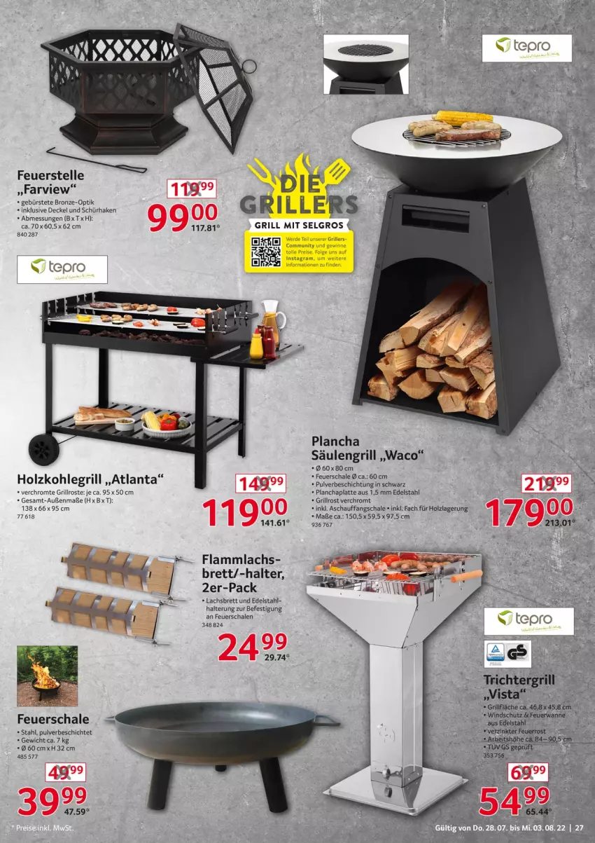 Aktueller Prospekt Selgros - Nonfood - von 28.07 bis 03.08.2022 - strona 27 - produkty: bürste, decke, Deckel, edelstahl, elle, feuerschale, grill, grillrost, Holz, holzkohle, holzkohlegrill, Kohlegrill, lachs, lamm, latte, LG, Säulengrill, Schal, Schale, Ti, Trichtergrill, Windschutz, Yo