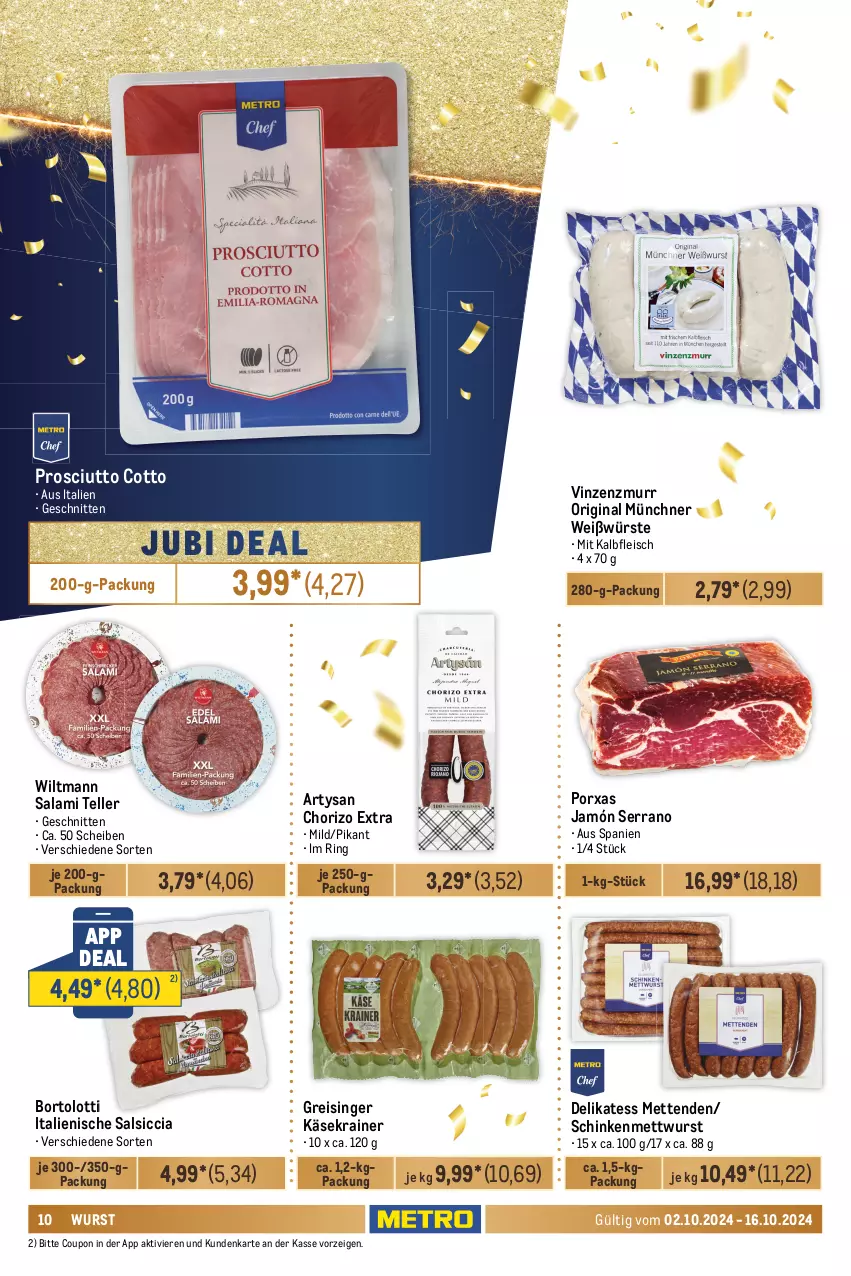 Aktueller Prospekt Metro - Food-NonFood - von 02.10 bis 16.10.2024 - strona 10 - produkty: arla, beutel, chorizo, comté, coupon, eis, elle, finello, fleisch, frischkäse, frischkäsezubereitung, gin, jamón serrano, Kalbfleisch, Käse, Käsekrainer, käsescheiben, leerdammer, mac, Mett, metten, Mettenden, mettwurst, milch, milka, milkana, mit kalbfleisch, mozzarella, nuss, parmigiano, parmigiano reggiano, philadelphia, prosciutto, prosciutto cotto, reggiano, Reibekäse, reis, rel, ring, salami, salsiccia, Schal, Schale, schinken, schnitten, schnittkäse, schnittkäsescheiben, serrano, teller, Ti, weichkäse, wiltmann, wurst