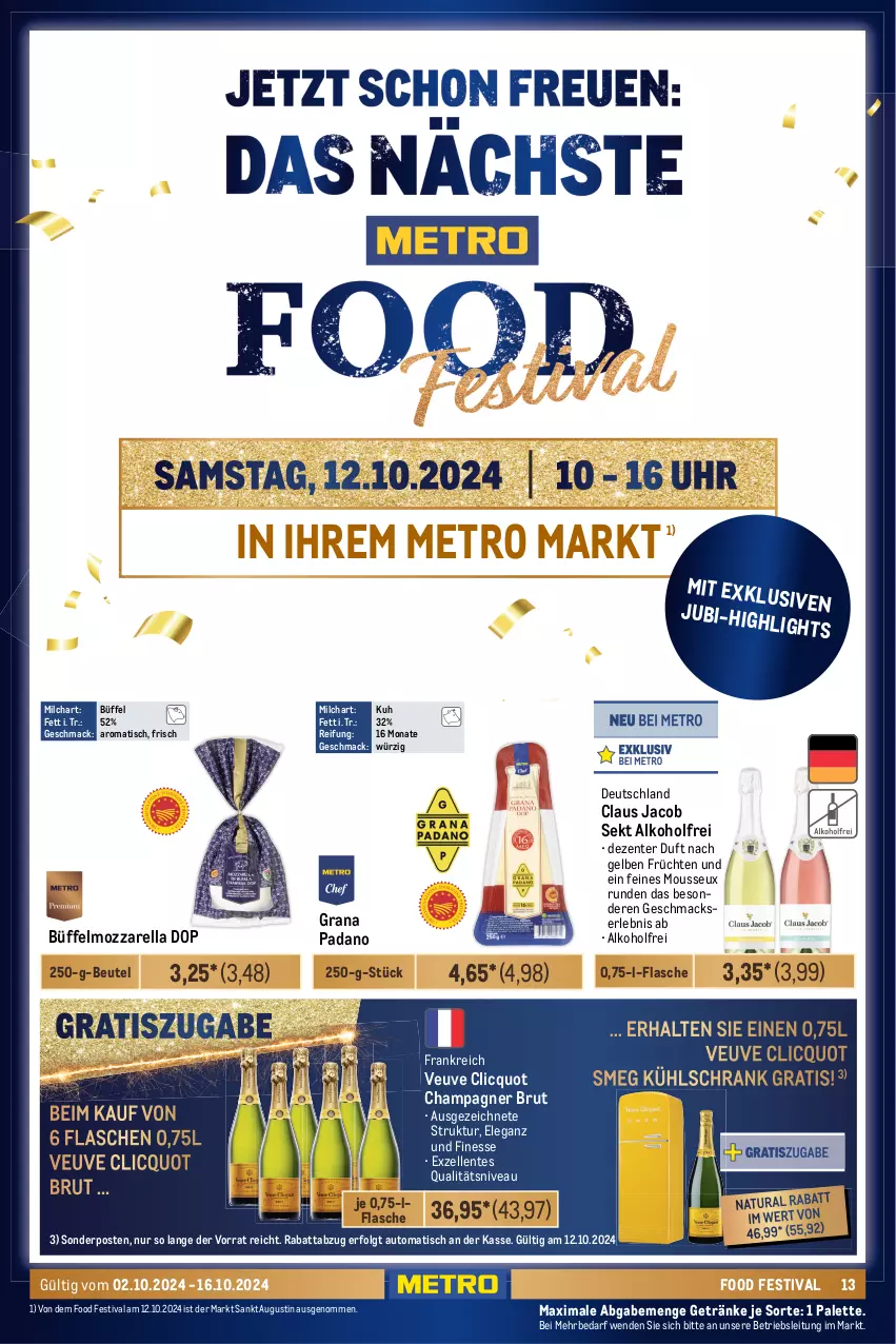 Aktueller Prospekt Metro - Food-NonFood - von 02.10 bis 16.10.2024 - strona 13 - produkty: activia, alkohol, arla, auer, auto, Bau, Bauer, Becher, beutel, bio, brut, butter, champagne, champagner, coupon, danone, danone activia, elle, ente, finesse, flasche, frucht, früchte, früchten, fruchtjoghurt, Gegrilltes Gemüse, getränk, getränke, grana, grana padano, grill, joghur, joghurt, Kraut, krautsalat, kühlschrank, LG, mac, markenbutter, Metro, milch, molkereiprodukte, mousse, mozzarella, Müller, müllermilch, natur, natura, nivea, padano, Palette, paprika, pizza, Pizzateig, Rana, rel, salat, salz, schlagrahm, Schrank, sekt, sonderposten, tante fanny, Ti, tisch, weidemilch, weihenstephan