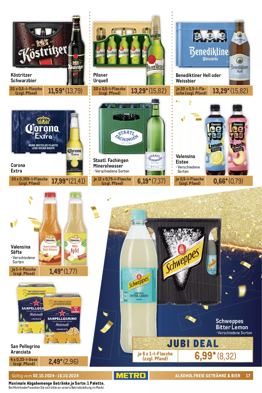 Aktueller Prospekt Metro - Food-NonFood - von 02.10 bis 16.10.2024 - strona 17 - produkty: alkohol, alkoholfreie getränke, Alwa, ball, Benediktiner, beutel, bier, bitter lemon, chips, corona, corona extra, coupon, duplo, eis, eistee, elle, ferrero, flasche, Geschenkbox, getränk, getränke, gewinnspiel, gutschein, hanuta, haribo, knoppers, köstritzer, lindt, mineralwasser, Palette, pils, pilsner, pilsner urquell, pistazien, rel, riegel, ring, säfte, salz, san pellegrino, schweppes, spaghetti, Staatl. Fachingen, süsswaren, tee, Ti, valensina, wasser, weissbier