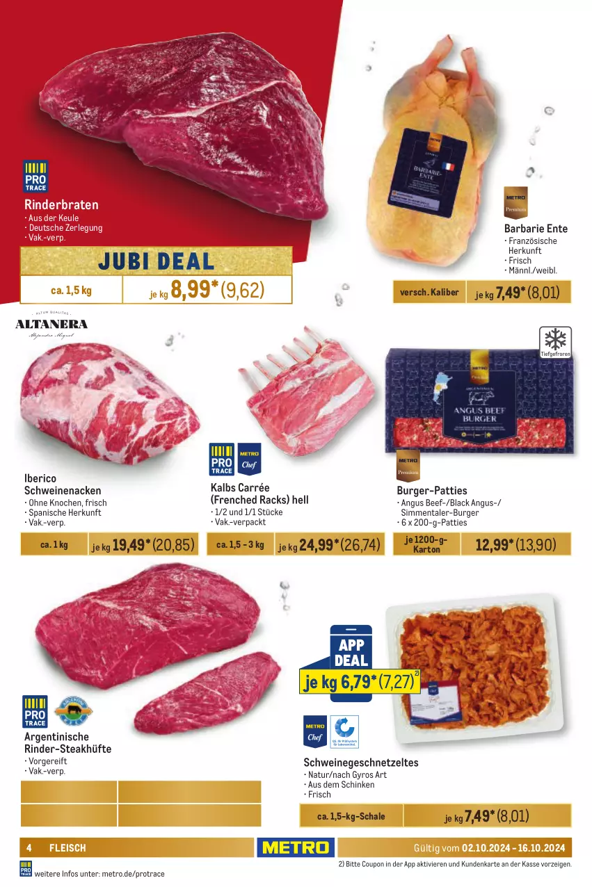 Aktueller Prospekt Metro - Food-NonFood - von 02.10 bis 16.10.2024 - strona 4 - produkty: beef, braten, burger, coupon, eis, ente, fleisch, geschnetzeltes, gyros, lack, Metro, natur, rind, rinder, rinderbraten, Schal, Schale, schinken, schwein, schweine, schweinenacken, sim, steak, steakhüfte, Ti, wein, weine, Zelt