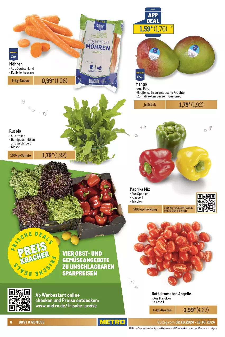 Aktueller Prospekt Metro - Food-NonFood - von 02.10 bis 16.10.2024 - strona 8 - produkty: angebot, angebote, Becher, beere, beeren, beutel, brie, brötchen, cola, coppenrath, coupon, Croissant, datteltomaten, decke, eis, elle, frankfurter, früchte, gewürz, Goldstücke, himbeer, himbeere, himbeeren, Kaiser, Kaisersemmel, kartoffel, kartoffeln, Kranz, küche, Küchen, mango, Metro, milka, möhren, nuss, nutella, obst, paprika, paprika mix, reis, ring, rosmarin, rucola, Schal, Schale, schnitten, Semmel, String, tender, Ti, tiefkühlkost, tisch, tomate, tomaten, und gemüse, ZTE