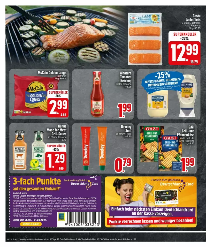 Aktueller Prospekt Edeka - Prospekte - von 25.08 bis 31.08.2024 - strona 16 - produkty: beutel, coupon, coupons, deutschland card, deutschlandcard, develey, eis, erde, filet, filets, Golden Longs, grill, Kühne, lachs, lachsfilet, lachsfilets, mccain, natur, natura, reis, rel, sauce, senf, Ti, ZTE