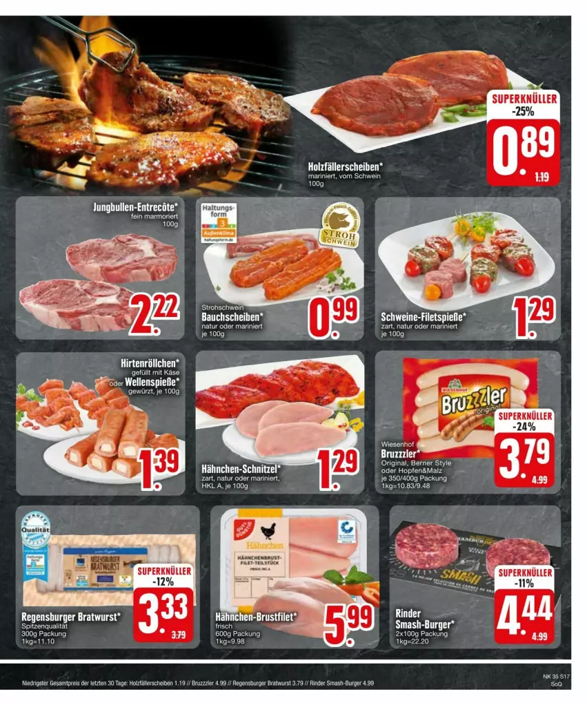 Aktueller Prospekt Edeka - Prospekte - von 25.08 bis 31.08.2024 - strona 17 - produkty: Bau, bauchscheiben, bratwurst, bruzzzler, burger, eier, eis, filet, filets, Holz, Käse, malz, natur, regensburger, reis, rind, rinder, schnitzel, schwein, schweine, schweine-filet, spitzenqualität, wein, weine, wurst, ZTE