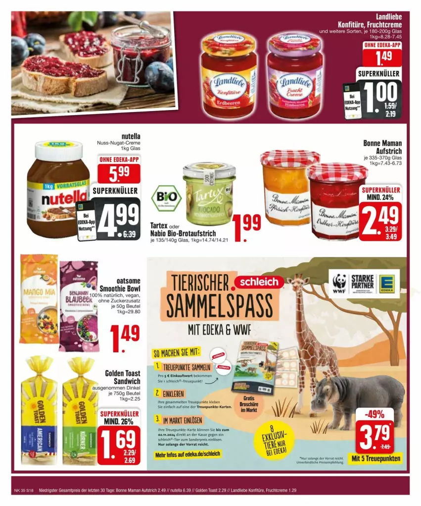 Aktueller Prospekt Edeka - Prospekte - von 25.08 bis 31.08.2024 - strona 18 - produkty: aufstrich, beutel, bio, bonne maman, brot, brotaufstrich, creme, deka, eis, frucht, golden toast, konfitüre, landliebe, mam, nuss, nuss-nugat-creme, nutella, reis, sandwich, smoothie, Ti, toast, ZTE, zucker