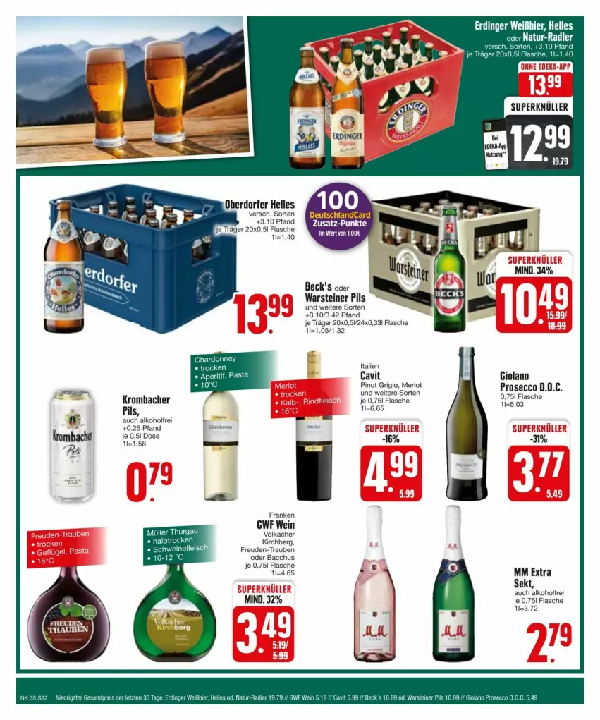 Aktueller Prospekt Edeka - Prospekte - von 25.08 bis 31.08.2024 - strona 22 - produkty: ACC, alkohol, beck's, ecco, flasche, krombache, krombacher, merl, merlot, mm extra, Müller, pasta, pils, Pinot, pinot grigio, prosecco, sekt, steiner, Ti, trauben, warsteiner, wein