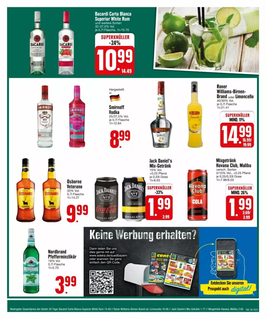 Aktueller Prospekt Edeka - Prospekte - von 25.08 bis 31.08.2024 - strona 23 - produkty: Birnen, flasche, getränk, Havana Club, jack daniel, jack daniel's, likör, limo, Malibu, Mixgetränk, nordbrand, osborne, pfeffer, pfefferminzlikör, smirnoff, veterano, vodka