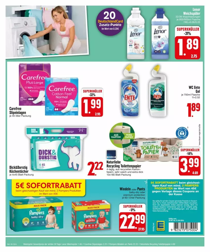 Aktueller Prospekt Edeka - Prospekte - von 25.08 bis 31.08.2024 - strona 24 - produkty: carefree, Clin, deutschlandcard, ente, flasche, küche, Küchen, küchentücher, natur, pampers, slip, slipeinlagen, sofortrabatt, Ti, tücher