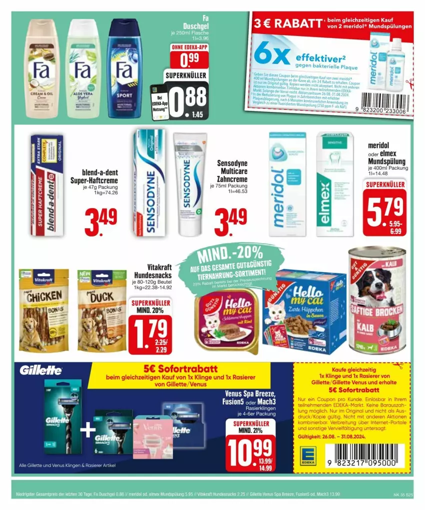 Aktueller Prospekt Edeka - Prospekte - von 25.08 bis 31.08.2024 - strona 25 - produkty: beutel, Brei, coupon, creme, deka, Duck, elmex, gillette, gillette venus, gin, hundesnack, hundesnacks, kraft, mac, mach3, meridol, mundspülung, rasierer, snack, snacks, sofortrabatt, spülung, Ti, venus, vita, vitakraft