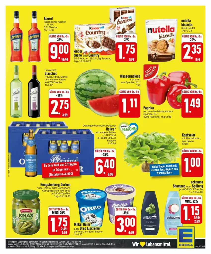 Aktueller Prospekt Edeka - Prospekte - von 25.08 bis 31.08.2024 - strona 27 - produkty: aperitif, auer, ball, Bau, Bauer, Becher, beutel, creme, eis, eiscreme, flasche, gurke, gurken, hengstenberg, Hengstenberg Gurken, Kinder, kopfsalat, melone, merl, merlot, nutella, oettinger, oreo, paprika, reis, rouge, salat, schauma, schauma shampoo, shampoo, shampoo oder spülung, spülung, Ti, wasser, wassermelone