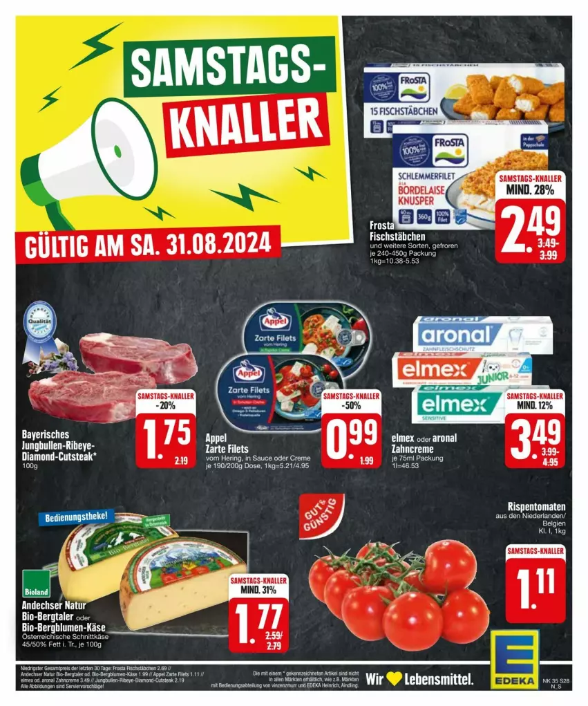 Aktueller Prospekt Edeka - Prospekte - von 25.08 bis 31.08.2024 - strona 28 - produkty: bio, blume, blumen, bordelaise, creme, elmex, filet, filets, fisch, fischstäbchen, hering, Käse, LG, ring, rispentomaten, sauce, schlemmerfilet, steak, Ti, tomate, tomaten, zahncreme, ZTE