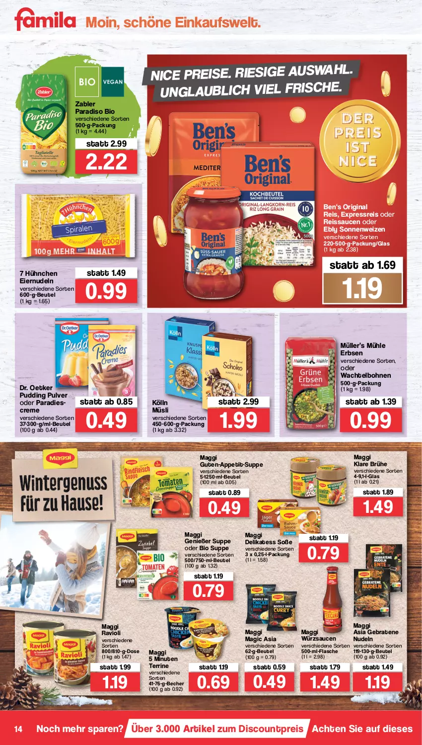 Aktueller Prospekt Famila - Prospekte - von 28.02 bis 05.03.2022 - strona 14 - produkty: Becher, beutel, bio, bohne, bohnen, braten, Brühe, creme, discount, Dr. Oetker, eier, eiernudeln, eis, erbsen, flasche, gin, kölln, maggi, Müller, müsli, nudel, nudeln, pudding, ravioli, reis, reiss, sauce, saucen, Soße, suppe, terrine, Ti, würzsauce, würzsaucen, Zabler