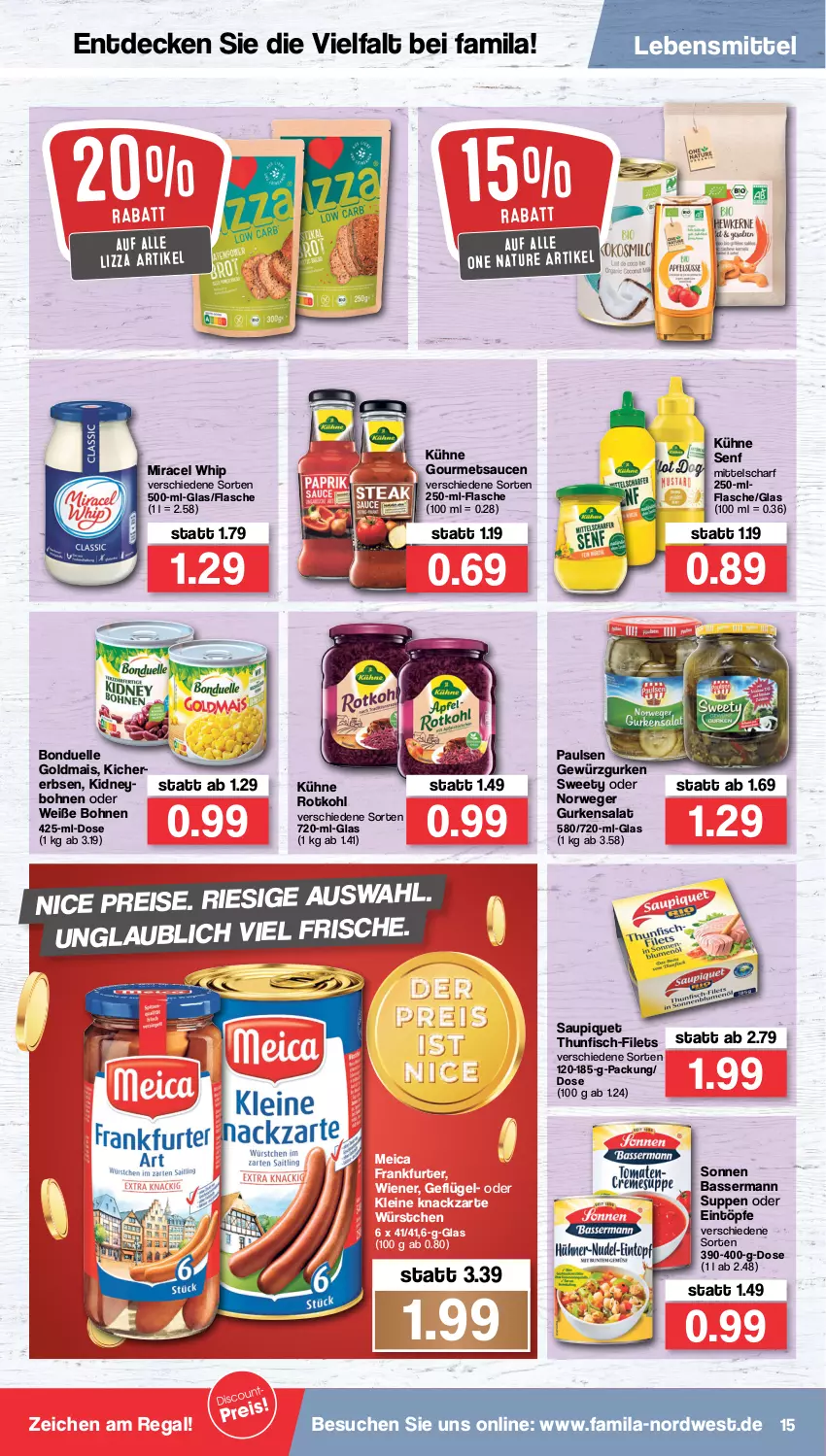 Aktueller Prospekt Famila - Prospekte - von 28.02 bis 05.03.2022 - strona 15 - produkty: bohne, bohnen, bonduelle, bonduelle goldmais, decke, eintöpfe, eis, elle, erbsen, filet, filets, fisch, flasche, frankfurter, Geflügel, gewürz, Gewürzgurke, gewürzgurken, Goldmais, gurke, gurken, gurkensalat, kichererbsen, kidney, Kühne, kühne senf, lebensmittel, leine, mais, meica, miracel, miracel whip, natur, regal, reis, rotkohl, rwe, salat, sauce, saucen, saupiquet, senf, suppe, suppen, thunfisch, Ti, Weiße Bohnen, wiener, würstchen