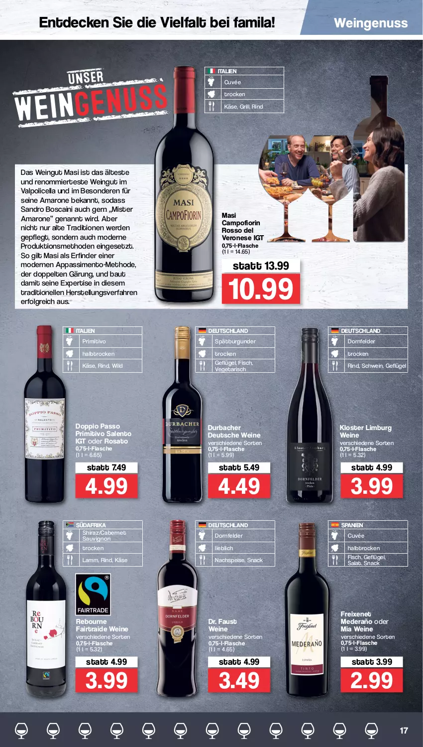 Aktueller Prospekt Famila - Prospekte - von 28.02 bis 05.03.2022 - strona 17 - produkty: amaro, aust, Bau, burgunder, cabernet, cabernet sauvignon, cuvée, decke, doppio passo, dornfelder, eis, elle, erde, fisch, flasche, freixenet, Geflügel, grill, Käse, lamm, LG, Mode, nuss, passo, primitivo, rind, rosato, salat, sauvignon, schwein, sim, snack, Soda, spätburgunder, Ti, Valpolicella, Vegeta, wein, weine, Wild