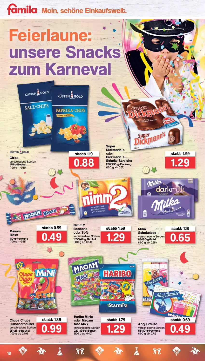 Aktueller Prospekt Famila - Prospekte - von 28.02 bis 05.03.2022 - strona 18 - produkty: ahoj-brause, beutel, bonbons, brause, chips, chupa, chupa chups, eier, haribo, Lutscher, maoam, milka, milka schokolade, Nimm 2, schoko, schokolade, snack, snacks