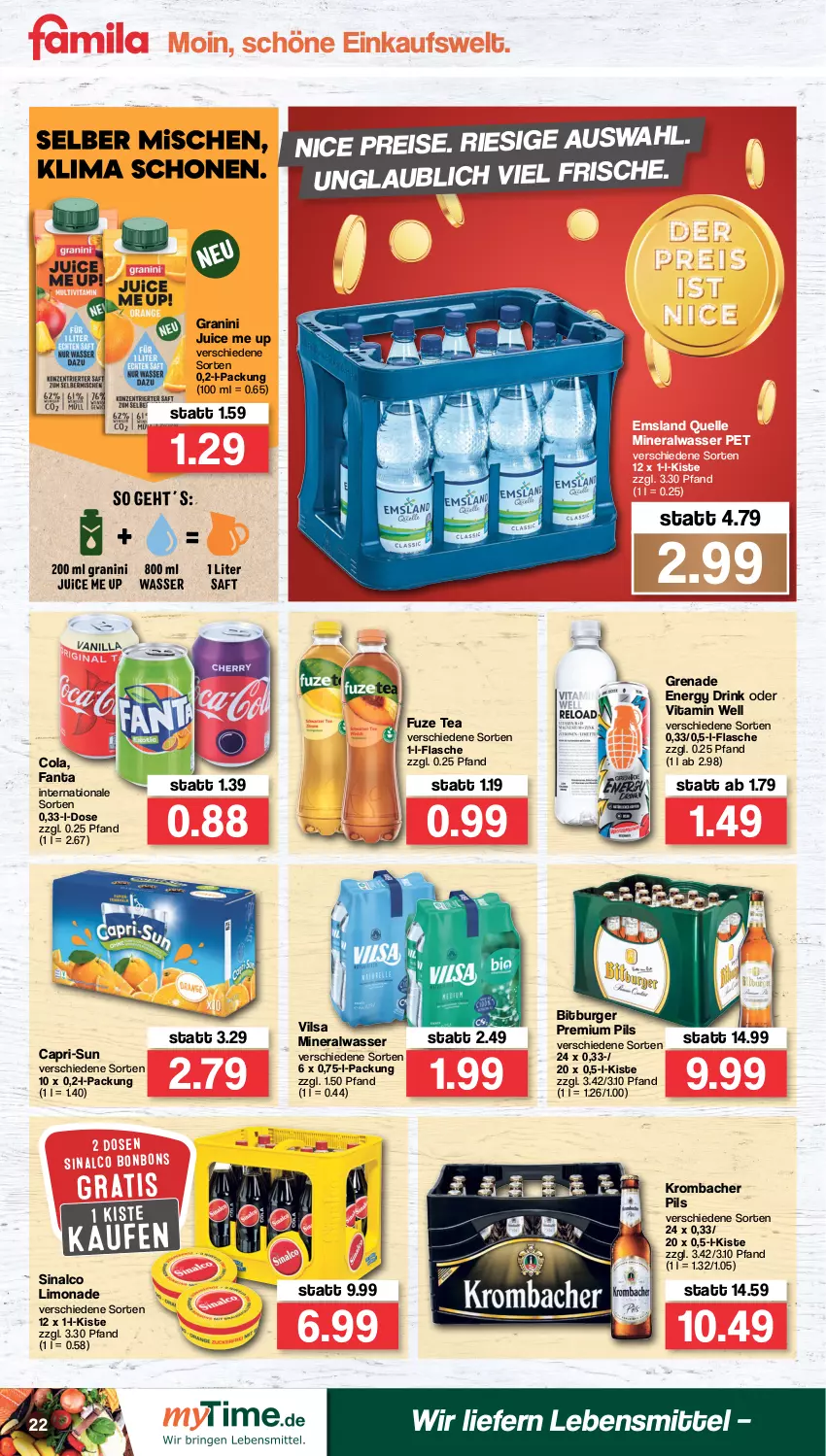 Aktueller Prospekt Famila - Prospekte - von 28.02 bis 05.03.2022 - strona 22 - produkty: Alwa, bitburger, bonbons, burger, Cap, capri-sun, cola, drink, eis, elle, energy drink, fanta, flasche, fuze tea, granini, krombache, krombacher, krombacher pils, lebensmittel, limo, limonade, mineralwasser, pils, premium pils, reis, sinalco, Ti, vilsa, vita, wasser