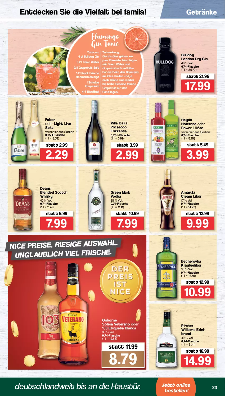 Aktueller Prospekt Famila - Prospekte - von 28.02 bis 05.03.2022 - strona 23 - produkty: amarula, aust, Becher, Becherovka, blended scotch, blended scotch whisky, Bulldog, decke, dry gin, ecco, eis, eiswürfel, elle, Etiqueta Blanca, flasche, frizzante, getränk, getränke, gin, grapefruit, hero, kräuter, kräuterlikör, likör, london dry, london dry gin, osborne, pircher, prosecco, reis, rosmarin, saft, scotch, scotch whisky, sekt, Ti, tonic, tonic water, veterano, vodka, whisky, würfel