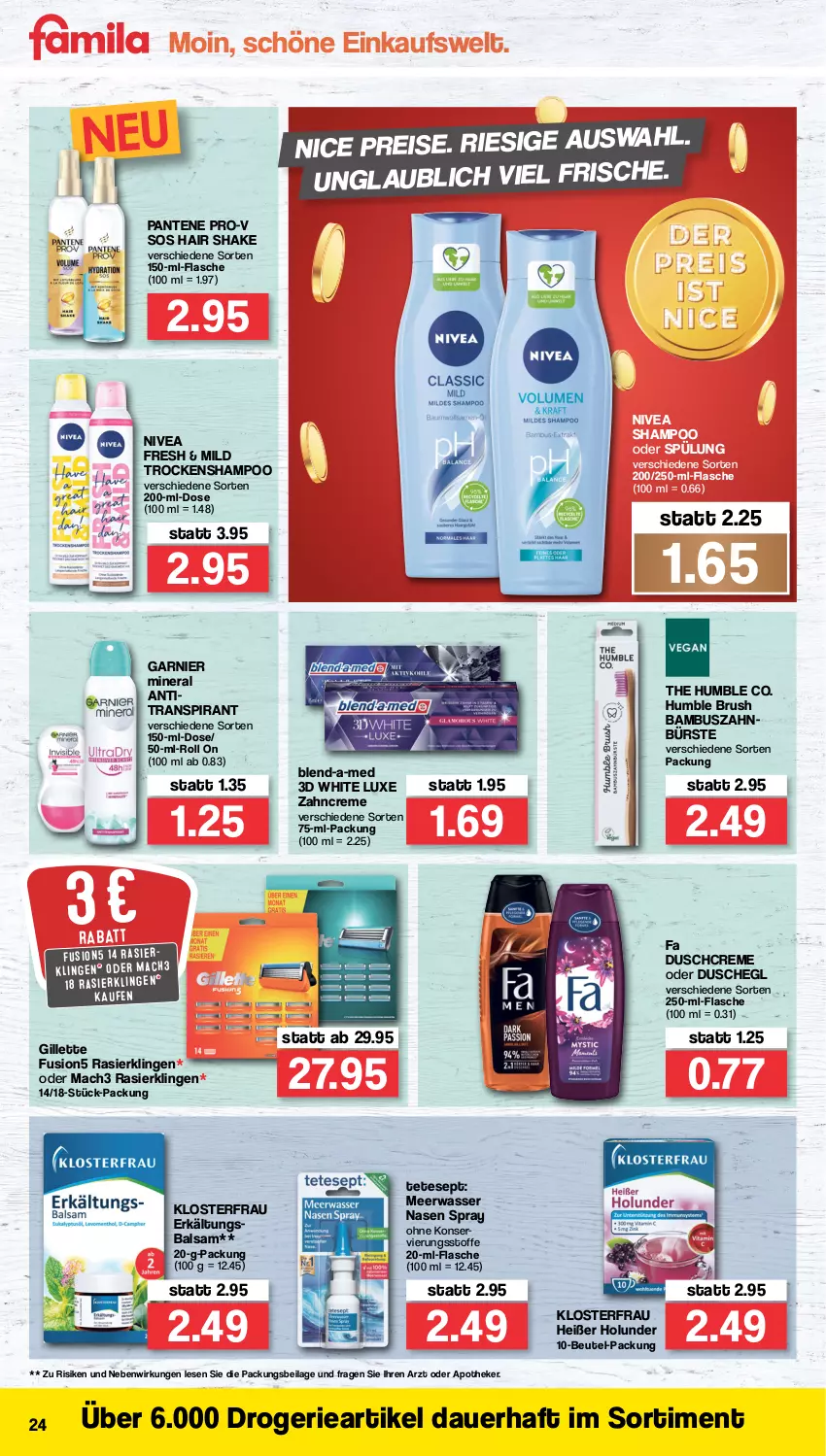 Aktueller Prospekt Famila - Prospekte - von 28.02 bis 05.03.2022 - strona 24 - produkty: Antitranspirant, Apotheke, auer, balsam, bambus, beutel, blend-a-med, bürste, creme, duschcreme, dusche, eis, Erkältungs, flasche, fusion5, garnier, gillette, holunder, ilag, mac, mach3, Meerwasser, nivea, pantene, pantene pro-v, pro-v, Rasierklinge, rasierklingen, reis, shake, shampoo, shampoo oder spülung, spülung, Ti, Trockenshampoo, wasser, zahnbürste, zahncreme