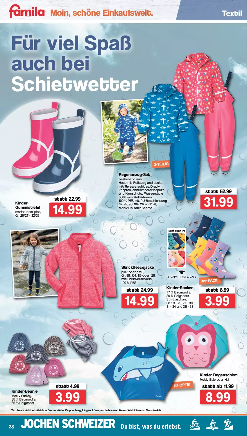 Aktueller Prospekt Famila - Prospekte - von 28.02 bis 05.03.2022 - strona 28 - produkty: Anzug, Bau, baumwolle, Beanie, eis, Fleecejacke, Gummistiefel, hose, Jacke, Kinder, reis, reiss, socken, Strickfleecejacke, Ti, wasser, wolle