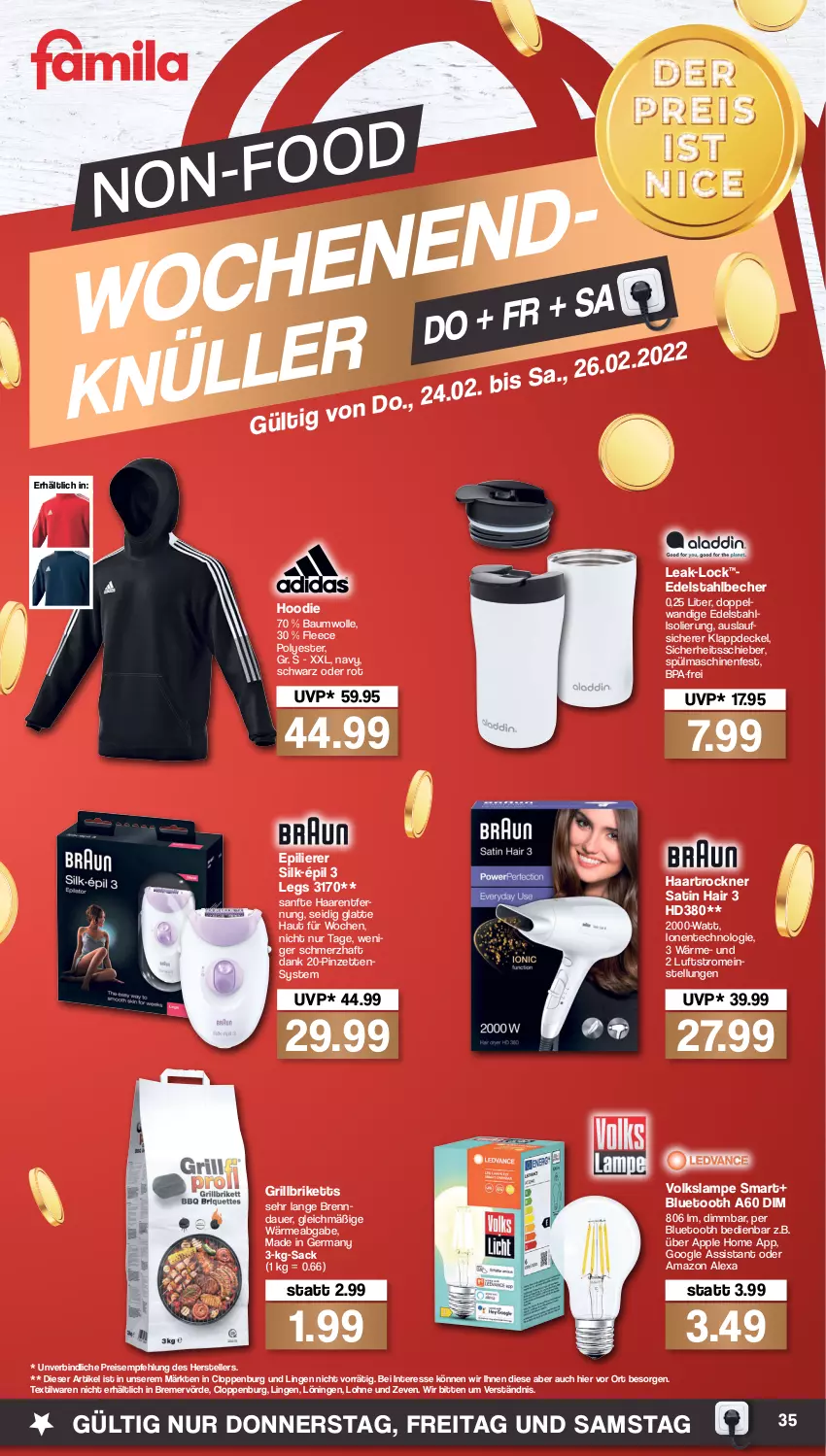 Aktueller Prospekt Famila - Prospekte - von 28.02 bis 05.03.2022 - strona 35 - produkty: alexa, amazon alexa, Apple, auer, Bau, baumwolle, Becher, briketts, decke, Deckel, edelstahl, eis, elle, ente, epilierer, Germ, grill, grillbriketts, Haarentfernung, haartrockner, Lampe, latte, Pinzette, reis, sac, spülmaschinen, teller, Ti, Trockner, wolle