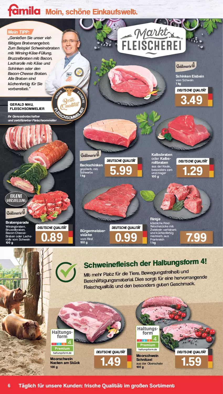 Aktueller Prospekt Famila - Prospekte - von 28.02 bis 05.03.2022 - strona 6 - produkty: angebot, bacon, braten, eis, fleisch, fleischsommelier, Germ, Käse, küche, Küchen, lachs, Lachsrolle, mac, Meister, mit zwiebeln, nuss, Ria, rind, rindfleisch, rollbraten, Schal, Schale, schinken, schnitzel, schwein, schweine, schweinebraten, schweinefleisch, Ti, Tiere, wein, weine, Wirsing, zwiebel, zwiebeln