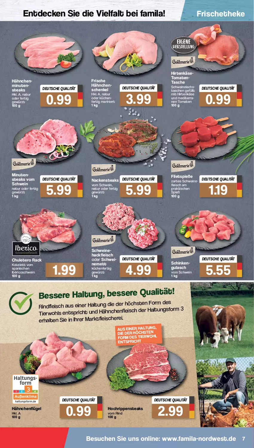 Aktueller Prospekt Famila - Prospekte - von 28.02 bis 05.03.2022 - strona 7 - produkty: decke, eis, filet, filets, fleisch, Fleischerei, Frische Hähnchen, gewürz, gulasch, hackfleisch, hähnchenflügel, hähnchenschenkel, henkel, hirtenkäse, Käse, kotelett, küche, Küchen, lachs, Mett, minutensteaks, Nackensteak, nackensteaks, natur, rind, rindfleisch, Rippen, schenkel, Schere, schinken, schwein, schweine, Schweinehackfleisch, Schweinelachs, schweinemett, steak, steaks, Tasche, taschen, Ti, tisch, tomate, tomaten, wein, weine