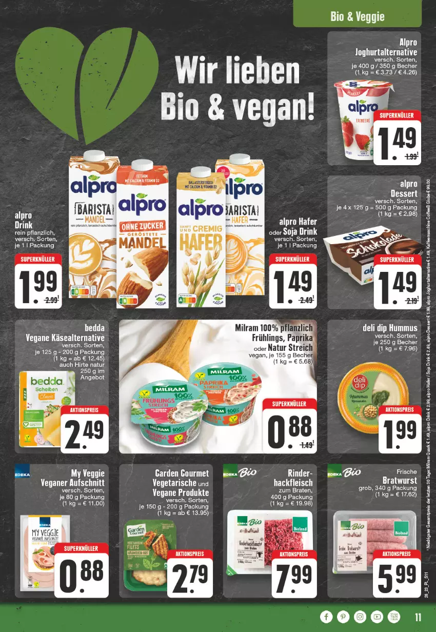 Aktueller Prospekt E Center - Angebote der Woche - von 10.07 bis 15.07.2023 - strona 11 - produkty: aktionspreis, alpro, angebot, aufschnitt, Becher, bio, braten, dessert, dip, drink, eis, fleisch, garden gourmet, hackfleisch, hafer, hummus, joghur, joghurt, kaffee, kaffeemaschine, Käse, mandel, milram, natur, quark, reis, soja, Ti, Vegeta, veggie, ZTE