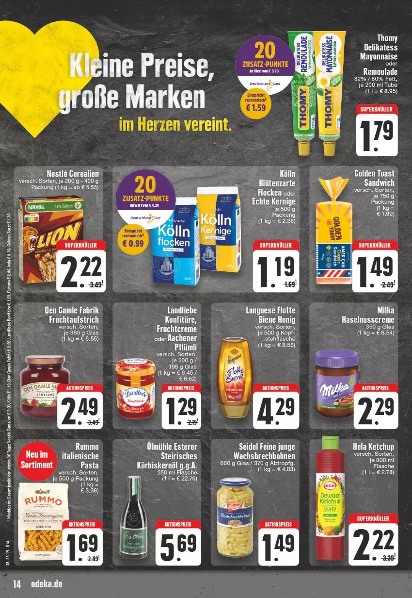 Aktueller Prospekt E Center - Angebote der Woche - von 10.07 bis 15.07.2023 - strona 14 - produkty: aktionspreis, aufstrich, Blüte, bohne, bohnen, cerealien, creme, den gamle, eis, flasche, frucht, fruchtaufstrich, golden toast, haselnuss, Haselnusscreme, Hela, honig, ketchup, kölln, konfitüre, Kürbis, Kürbiskernöl, landliebe, langnese, mayonnaise, nuss, pasta, reis, remoulade, rum, sandwich, Schere, Ti, toast, Yo, ZTE