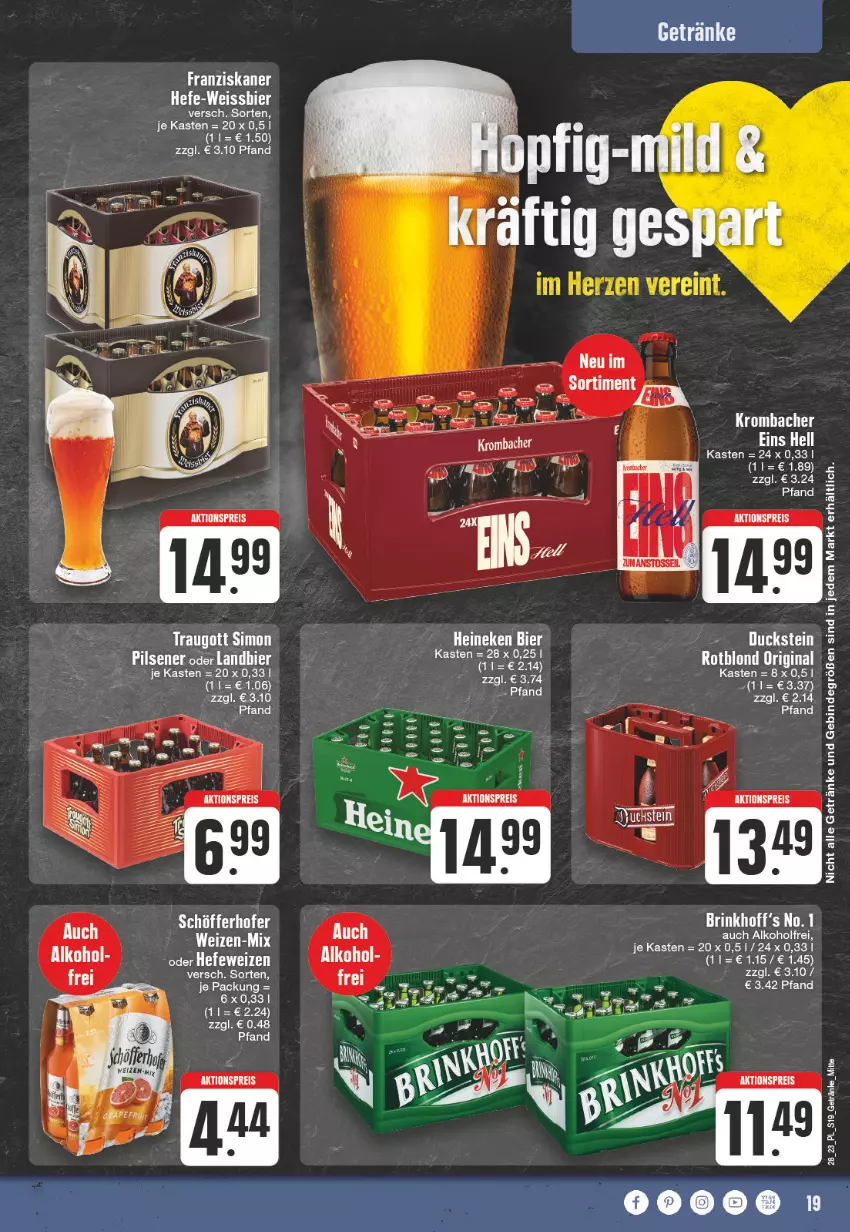 Aktueller Prospekt E Center - Angebote der Woche - von 10.07 bis 15.07.2023 - strona 19 - produkty: aktionspreis, alkohol, bier, eis, franziskaner, getränk, getränke, gin, Hefe, hefeweizen, heineken, krombache, krombacher, reis, Ti, weissbier, Weste