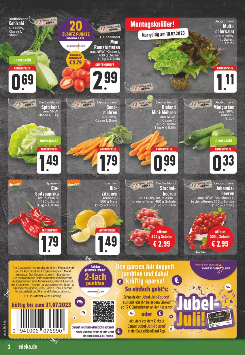 Aktueller Prospekt E Center - Angebote der Woche - von 10.07 bis 15.07.2023 - strona 2 - produkty: aktionspreis, ball, bio, bioland, coupon, deutschlandcard, eis, kohlrabi, LG, paprika, reis, Romatomaten, salat, Schal, Schale, spitzkohl, Spitzpaprika, Ti, tomate, tomaten, zitrone, zitronen