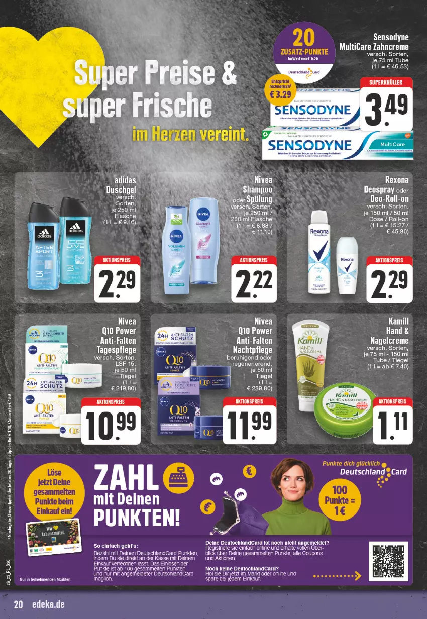 Aktueller Prospekt E Center - Angebote der Woche - von 10.07 bis 15.07.2023 - strona 20 - produkty: Adidas, aktionspreis, alle coupons, coupon, coupons, creme, deo, deospray, deutschlandcard, duschgel, eis, ente, mam, nachtpflege, nivea, reis, roll-on, rum, sensodyne, spülung, Tagespflege, tee, Ti, zahncreme