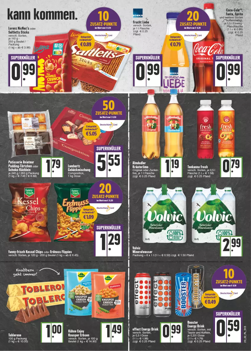 Aktueller Prospekt E Center - Angebote der Woche - von 06.06 bis 11.06.2022 - strona 13 - produkty: Alwa, beutel, chips, coca-cola, cola, deutschland card, elle, erbsen, erdnuss, flasche, flippies, frucht, funny-frisch, gin, LG, lorenz, mineralwasser, nuss, paprika, pudding, Ria, saltletts, schoko, tee, teekanne, Ti, Törtchen, volvic, wasser