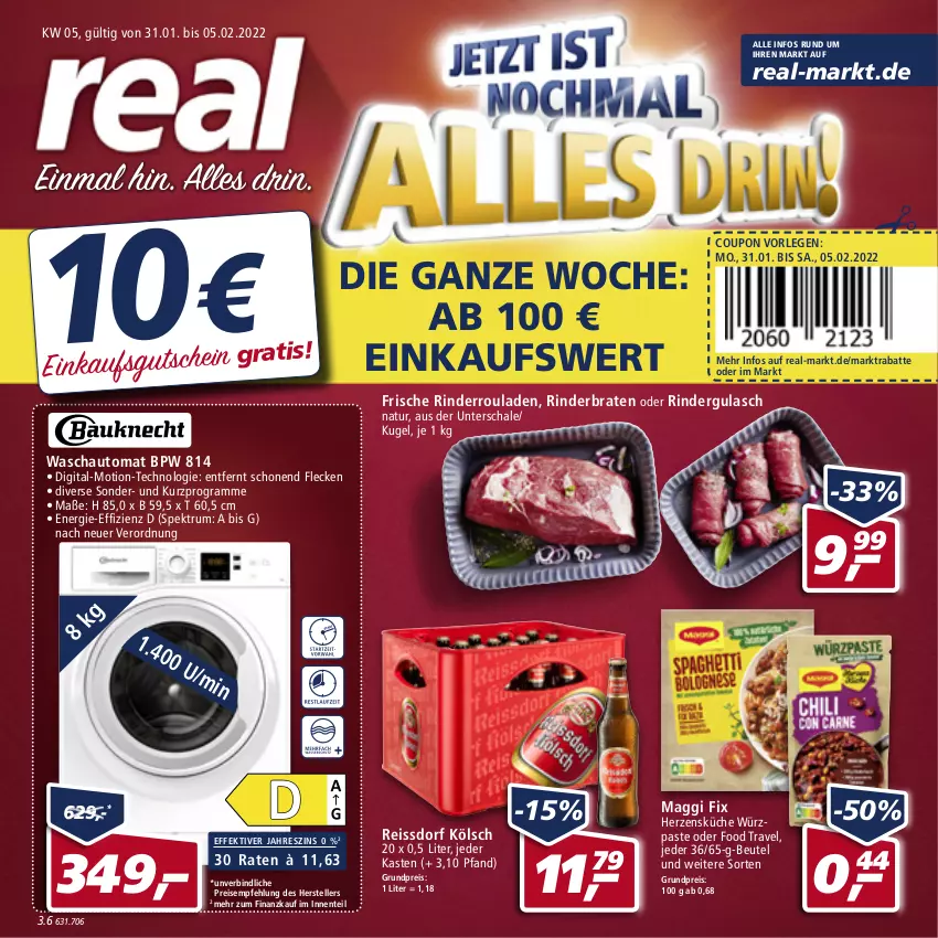 Aktueller Prospekt Real - Real Handzettel - von 31.01 bis 05.02.2022 - strona 1 - produkty: auto, beutel, braten, coupon, eis, elle, ente, gulasch, gutschein, küche, Kugel, maggi, maggi fix, natur, oder rindergulasch, reis, reiss, rind, rinder, rinderbraten, rindergulasch, Rinderroulade, rinderrouladen, rouladen, rum, Schal, Schale, Spektrum, ssd, teller, Ti