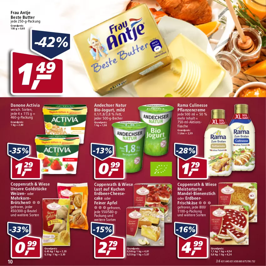 Aktueller Prospekt Real - Real Handzettel - von 31.01 bis 05.02.2022 - strona 10 - produkty: activia, andechser natur, apfel, Becher, beste butter, beutel, bio, brötchen, butter, cheesecake, coppenrath, creme, culinesse, danone, danone activia, eis, flasche, frau antje, frischkäse, Goldstücke, jogurt, Käse, korn, kuchen, Lust auf Kuchen, mandel, mehrkornbrötchen, Meister, natur, pflanze, pflanzen, pflanzencreme, rama, Rama Culinesse, reis, Ti, torte