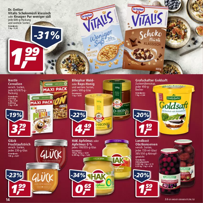 Aktueller Prospekt Real - Real Handzettel - von 31.01 bis 05.02.2022 - strona 14 - produkty: apfel, apfelmus, aufstrich, Becher, bihophar, cerealien, Dr. Oetker, eis, frucht, fruchtaufstrich, goldsaft, grafschafter, honig, Konserven, müsli, ndk, nestlé, obst, reis, saft, schoko, schokomüsli, sirup, vita, vitalis, zucker